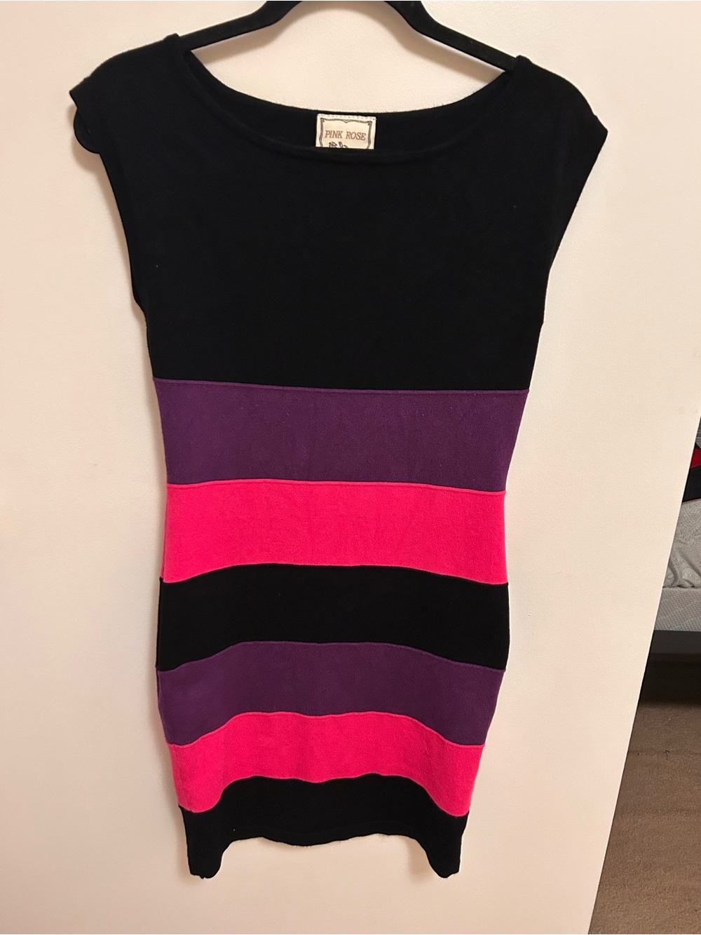 Pink Rose Striped Mini Dress in Black, Hot Pink & Purple